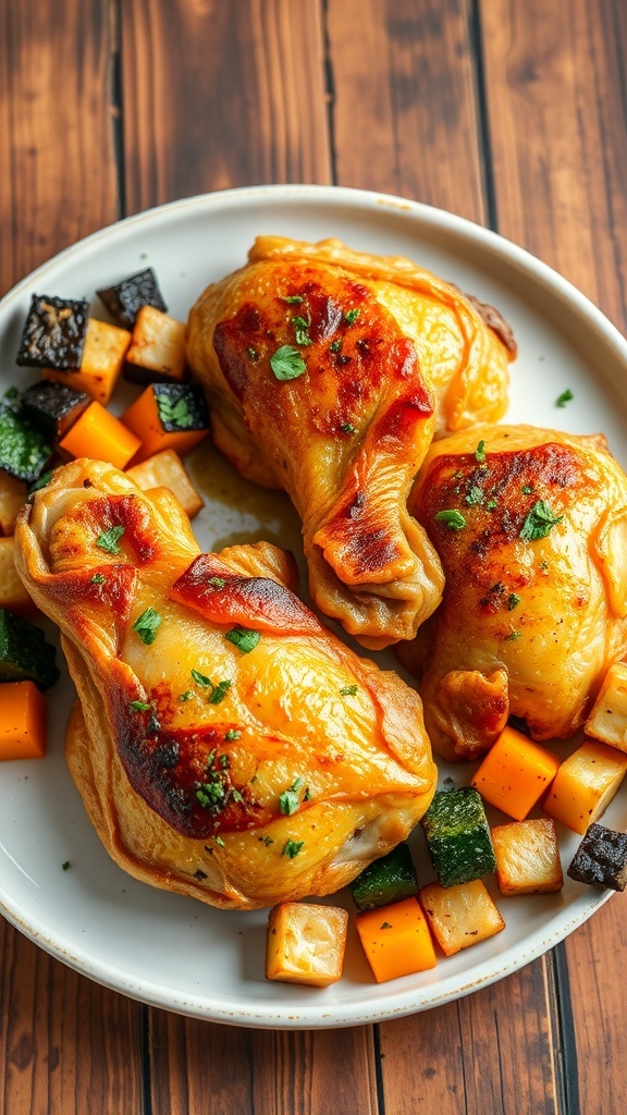 Crispy air fryer chicken hindquarters on a plate with herbs and roasted vegetables.
